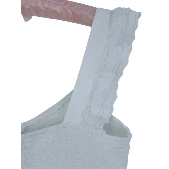 Old Navy White Ruffled Smocked Cottagcore Croquette Sleeveless Cotton Blend Top - Picture 7 of 13